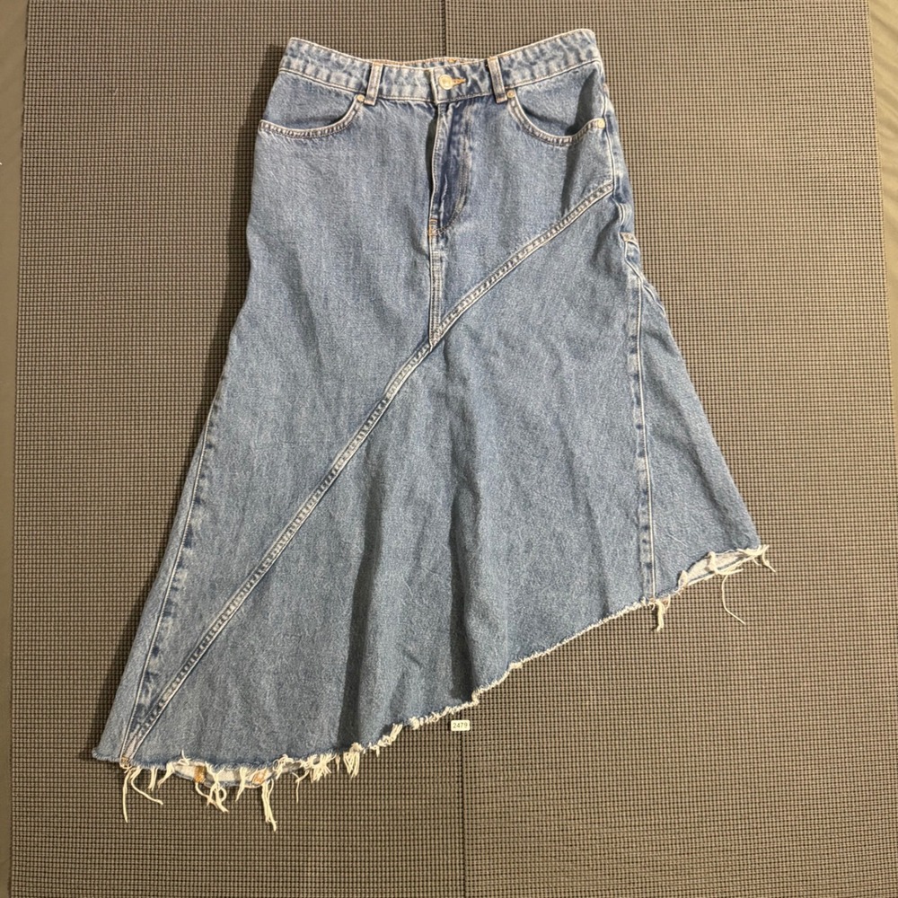 MNG Women Blue Denim Asymmetrical Frayed Hem Midi Skirt Size S